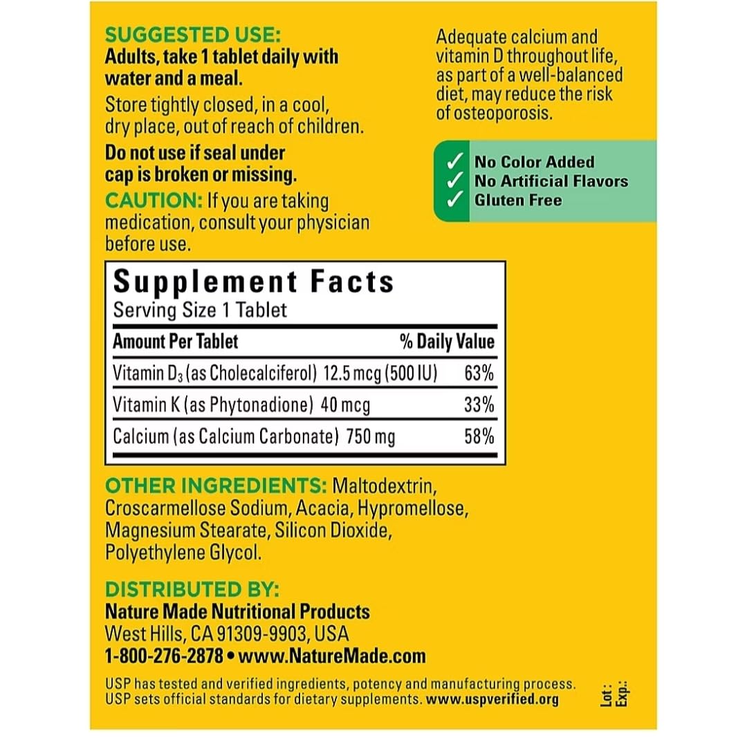 Bottle label highlighting 750 mg calcium, D3 and K