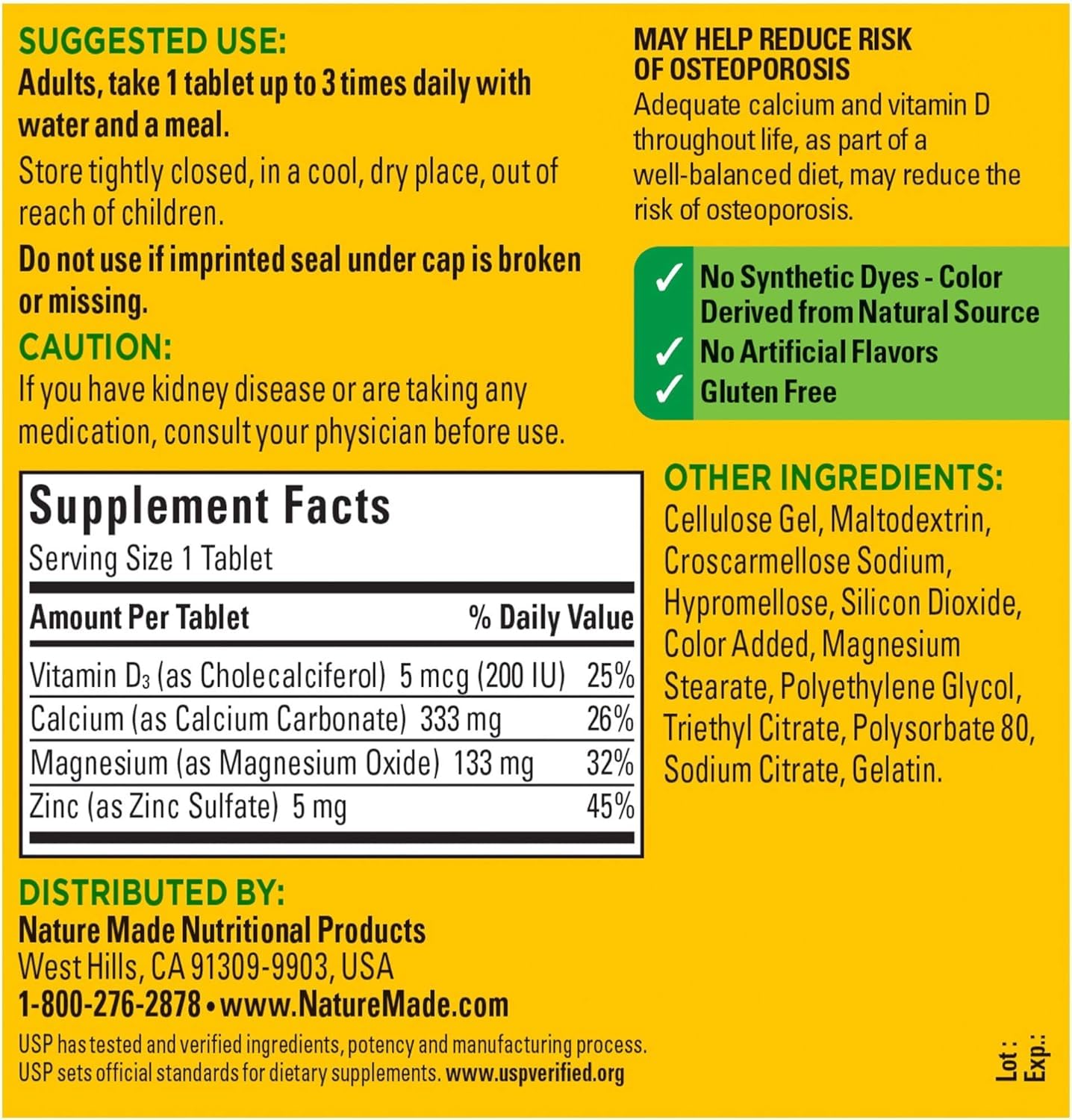 Nature Made calcium magnesium zinc tablets on white background
