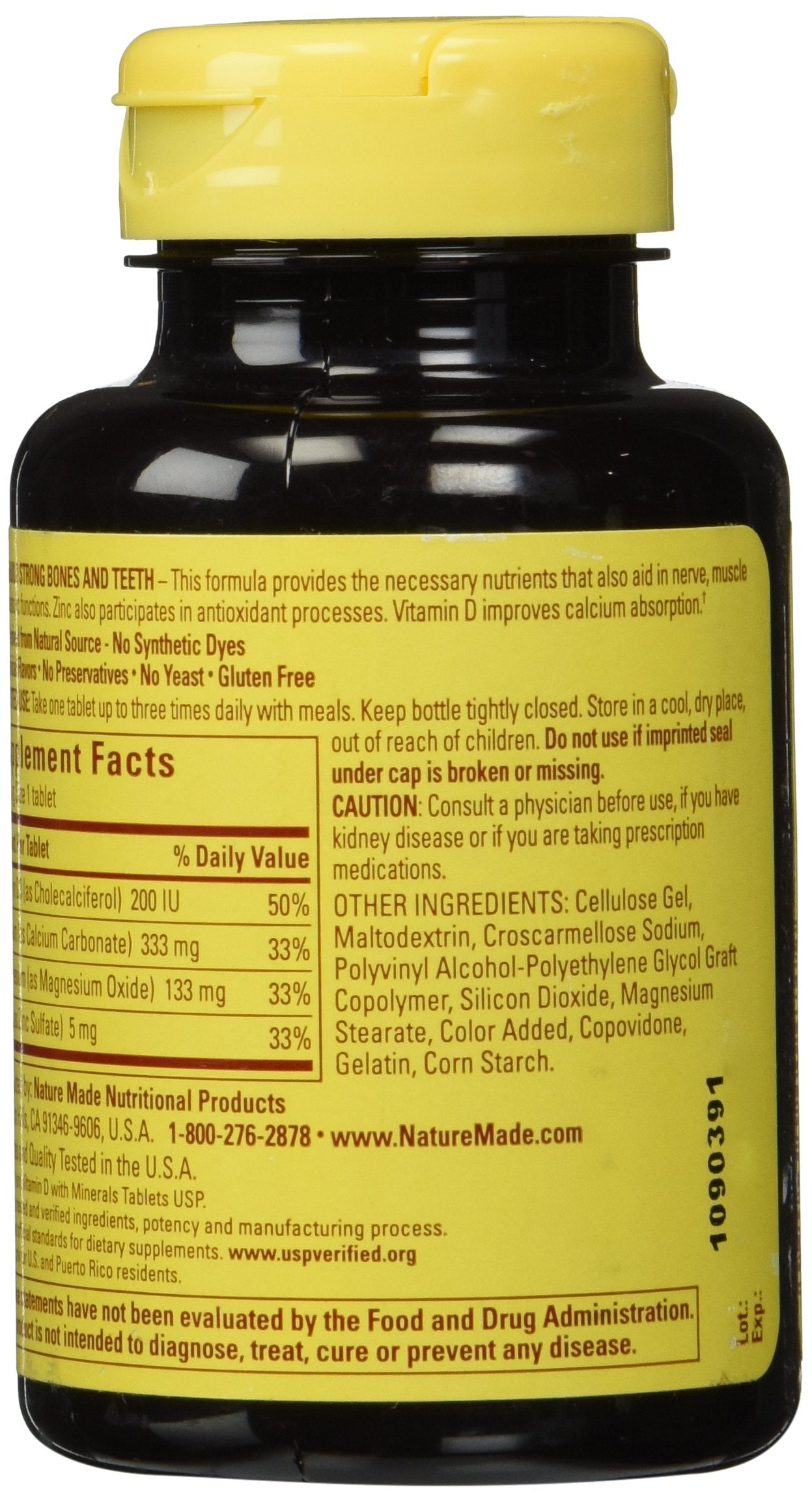 Close-up view of Nature Made Calcium Magnesium & Zinc Tabs bottle