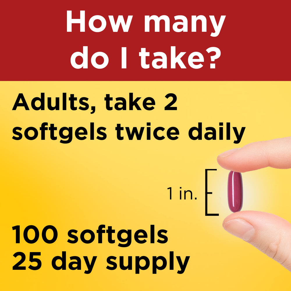 Dosage guide showing two softgels twice daily with water
