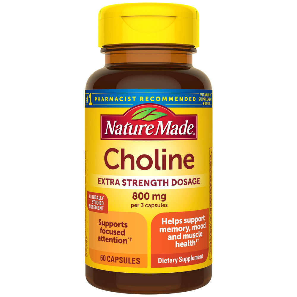 Nature Made Choline 800 mg cápsulas: botella visible para apoyo potencial de concentración