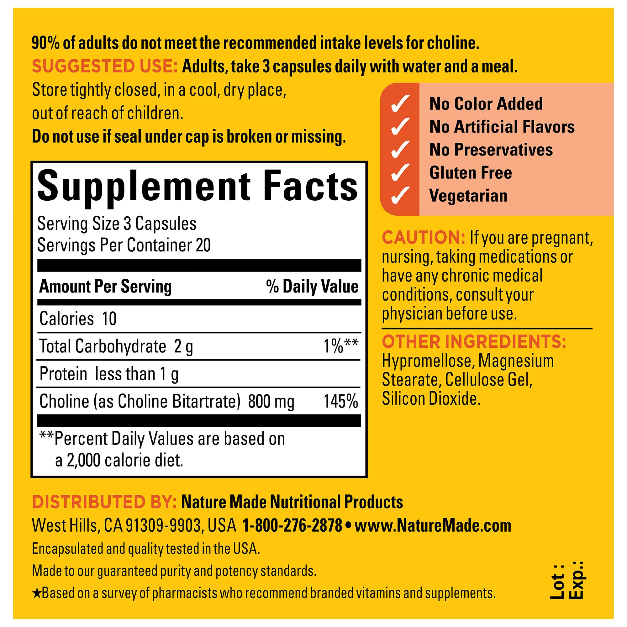 Nature Made Choline 800 mg cápsulas: producto sin colorantes ni conservantes