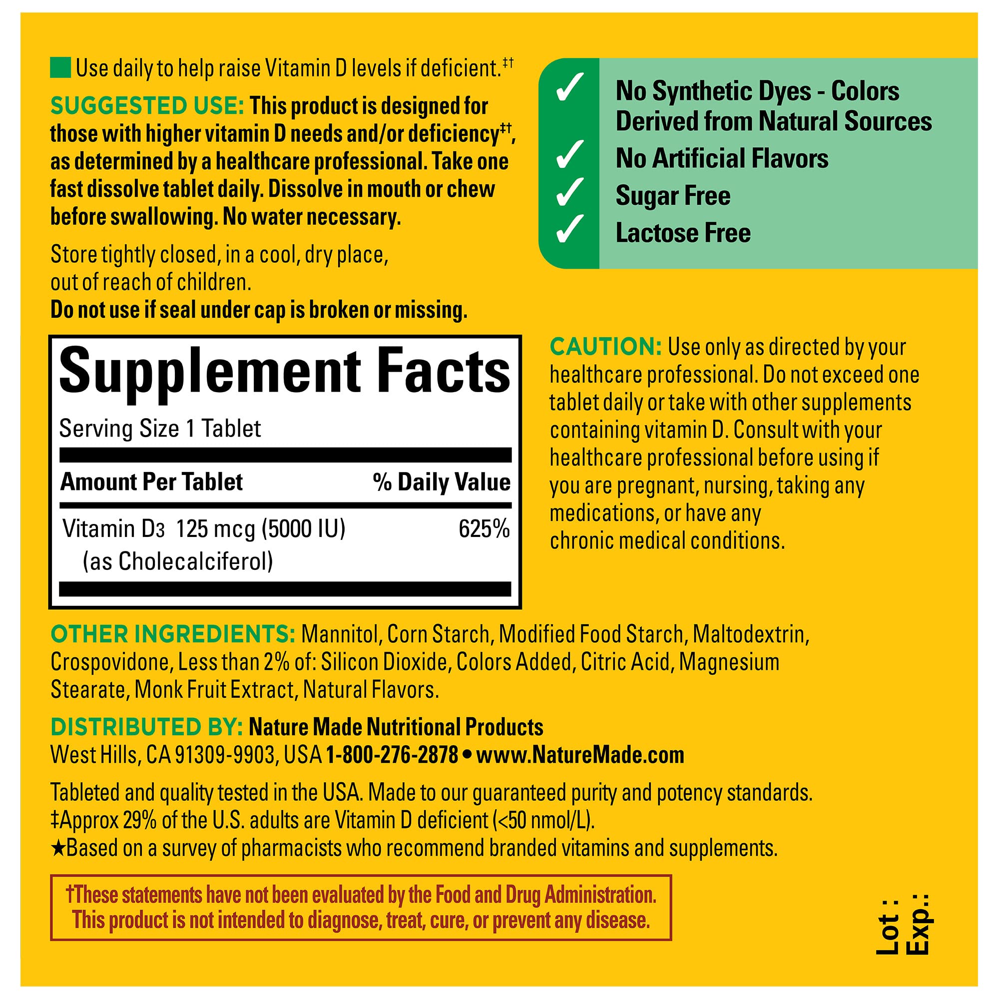 Ingredient panel for Nature Made Vitamin D3 5000 IU supplement