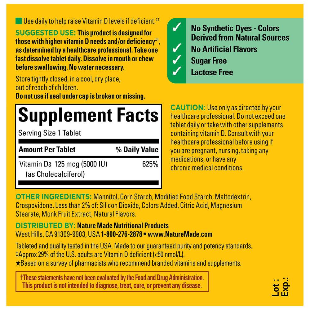 Ingredient panel for Nature Made Vitamin D3 5000 IU supplement