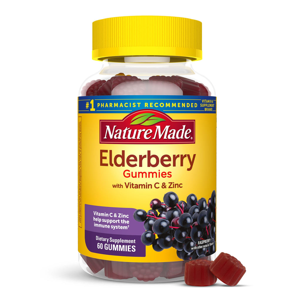 Nature Made Elderberry gummy with Vitamin C and Zinc, raspberry flavor, 60-count bottle.