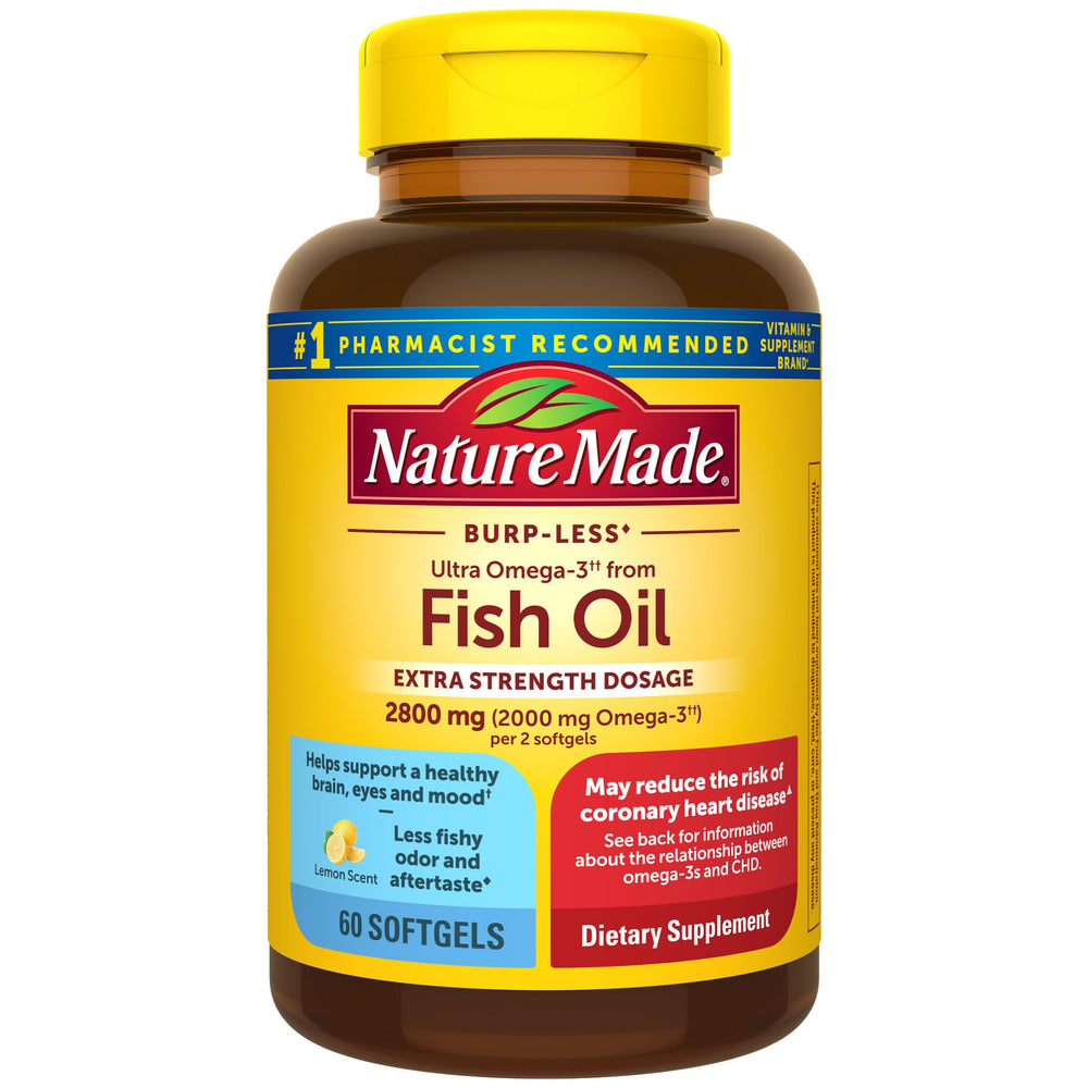 Nature Made Extra Strength Omega-3 bottle promotes daily heart health and overall wellness.