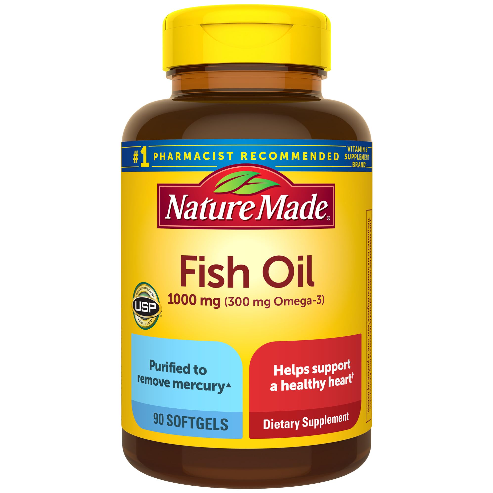 Nature Made Fish Oil 1000 mg softgels bottle showing heart health support