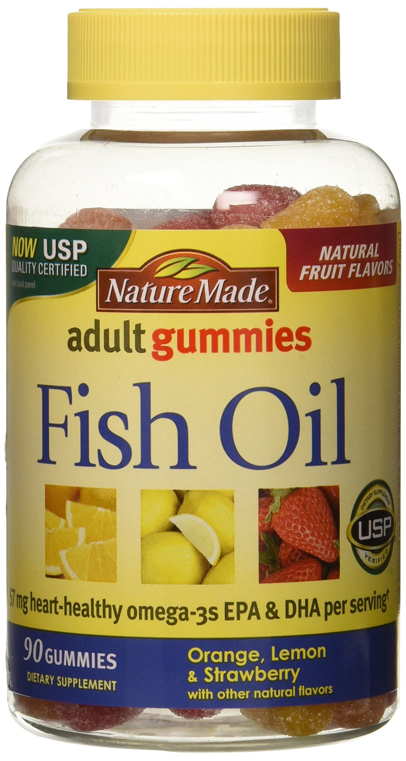 Product image: Nature Made Fish Oil Adult Gummies bottle, orange lemon strawberry banana flavors, 90 count per bottle, pack of 2
