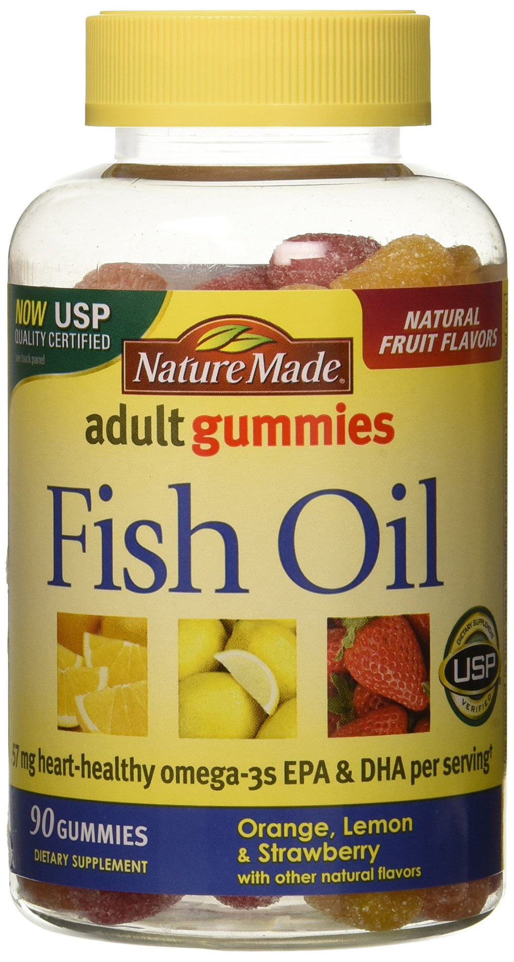 Product image: Nature Made Fish Oil Adult Gummies bottle, orange lemon strawberry banana flavors, 90 count per bottle, pack of 2