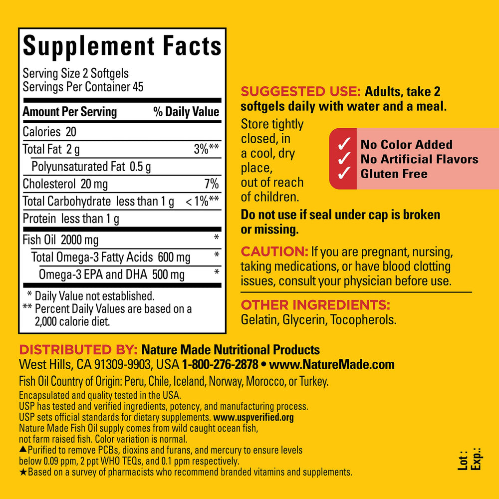 Nature Made Omega-3 per serving showing 600 mg omega-3 for heart health
