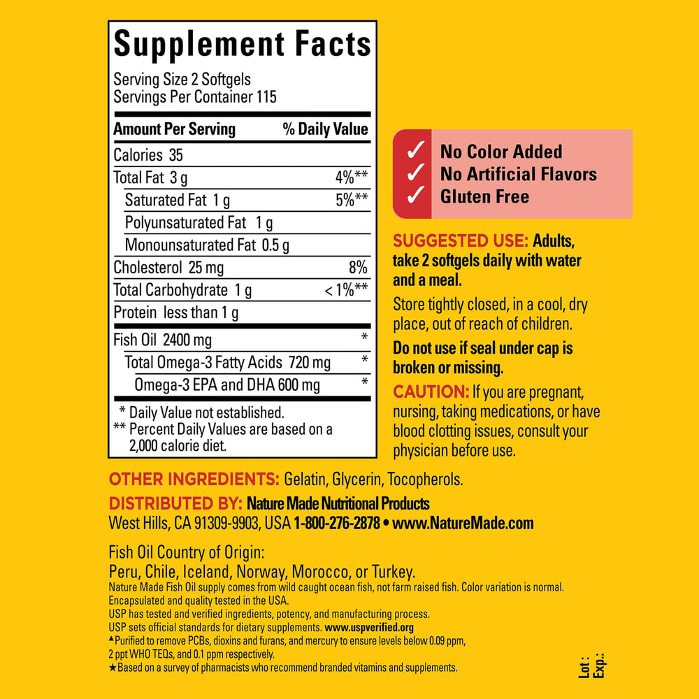 Nature Made fish oil softgels inside bottle illustrating a convenient daily supplement.