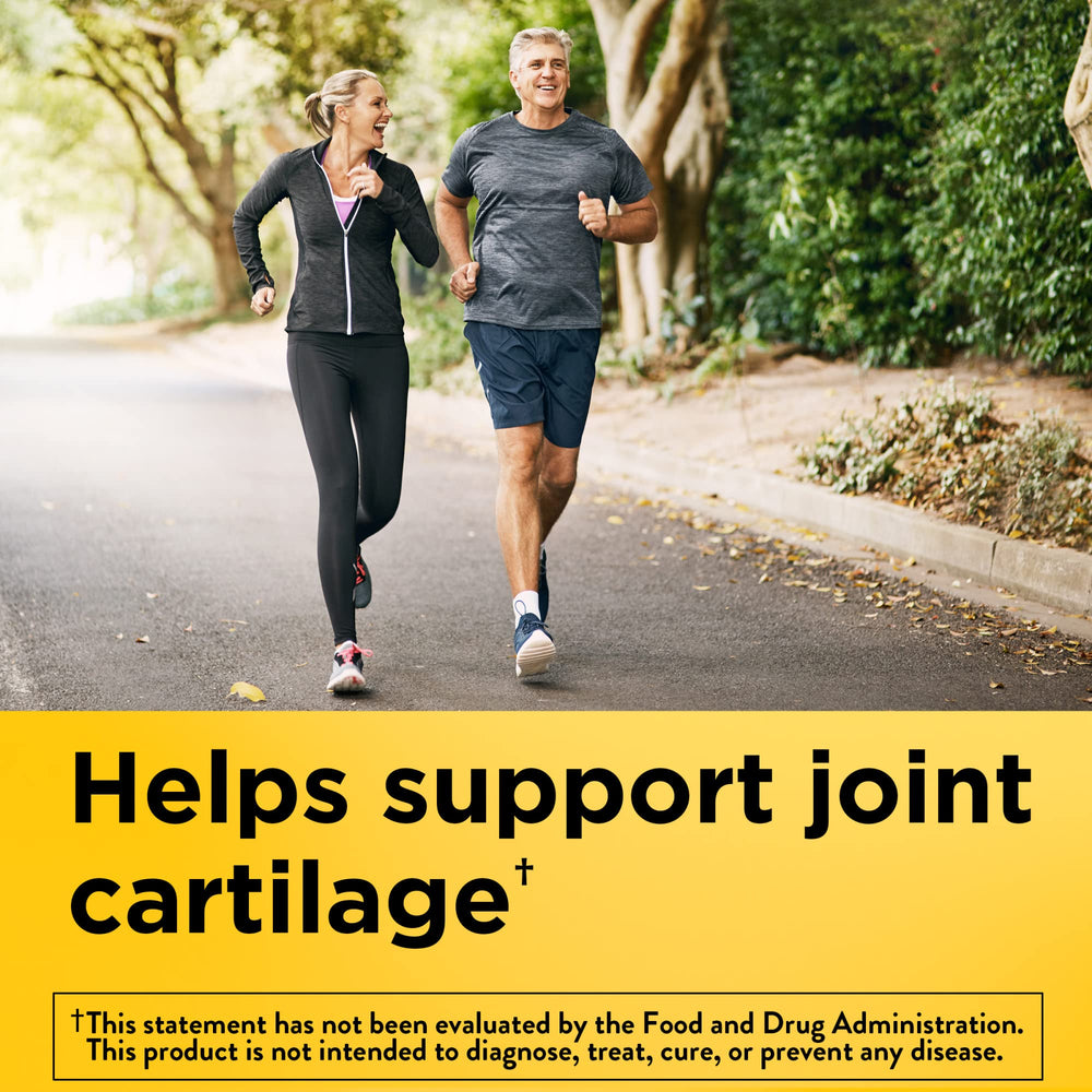 Caplets closeup showing Nature Made Glucosamine Chondroitin MSM for daily joint support