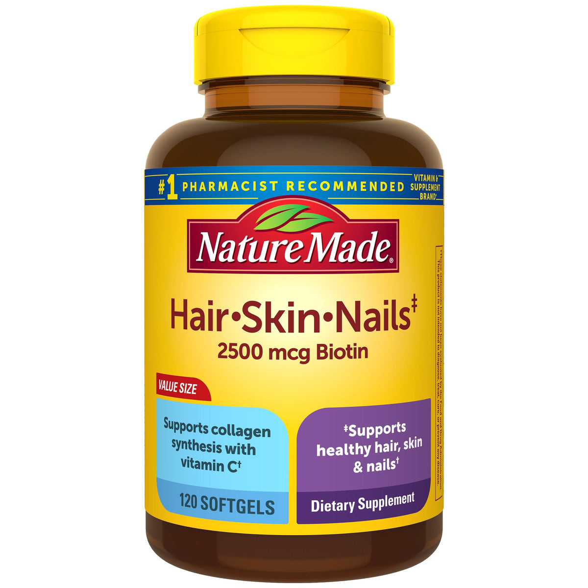 Bottle of Nature Made Hair Skin and Nails Biotin 2500 mcg softgels, 120-count