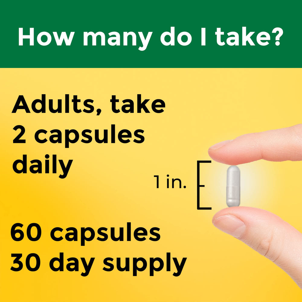 Nature Made Magnesium Complex bottle with meal illustrates taking two capsules daily.