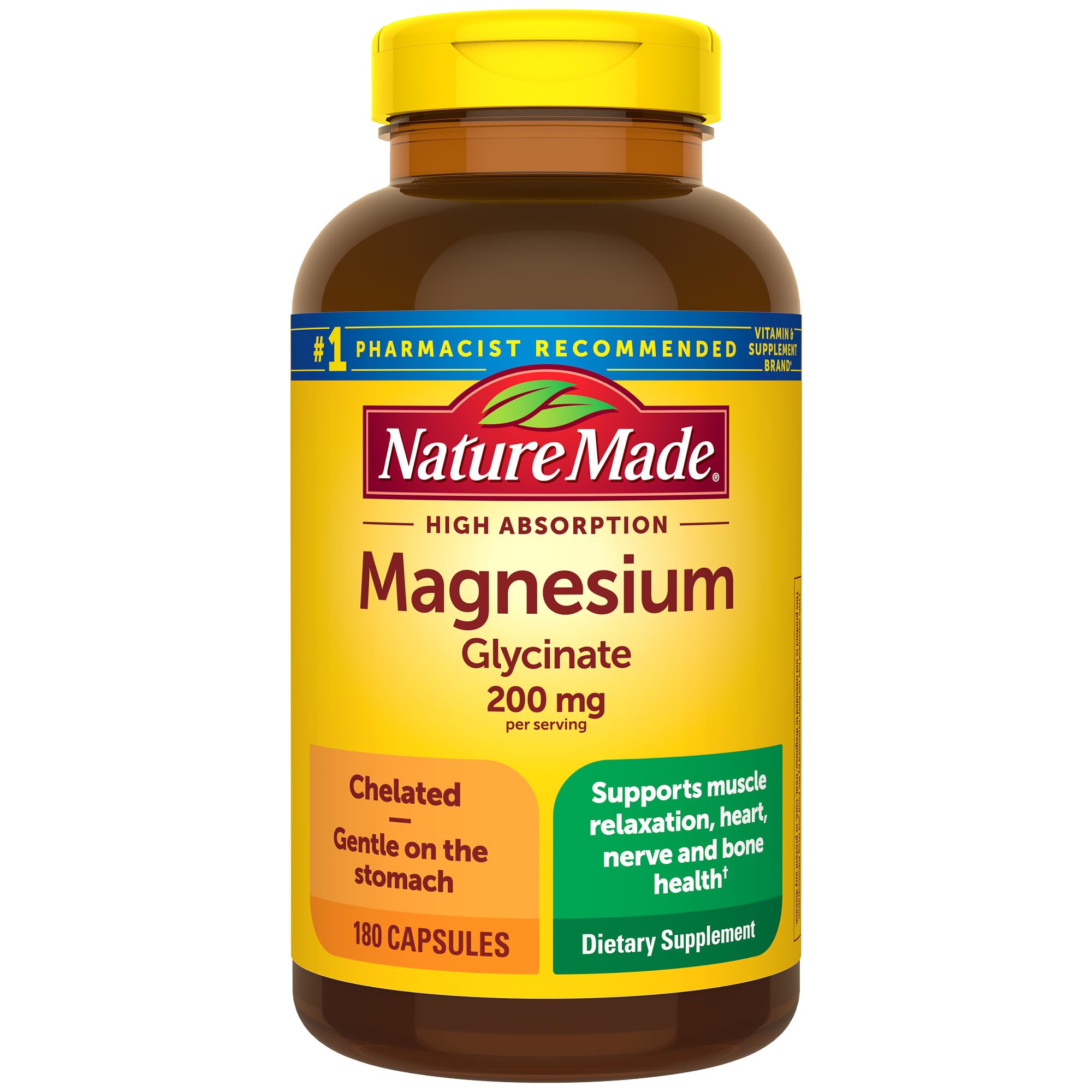 Nature Made Magnesium Glycinate 200 mg bottle with 180 capsules for daily support (muscle and nerve).