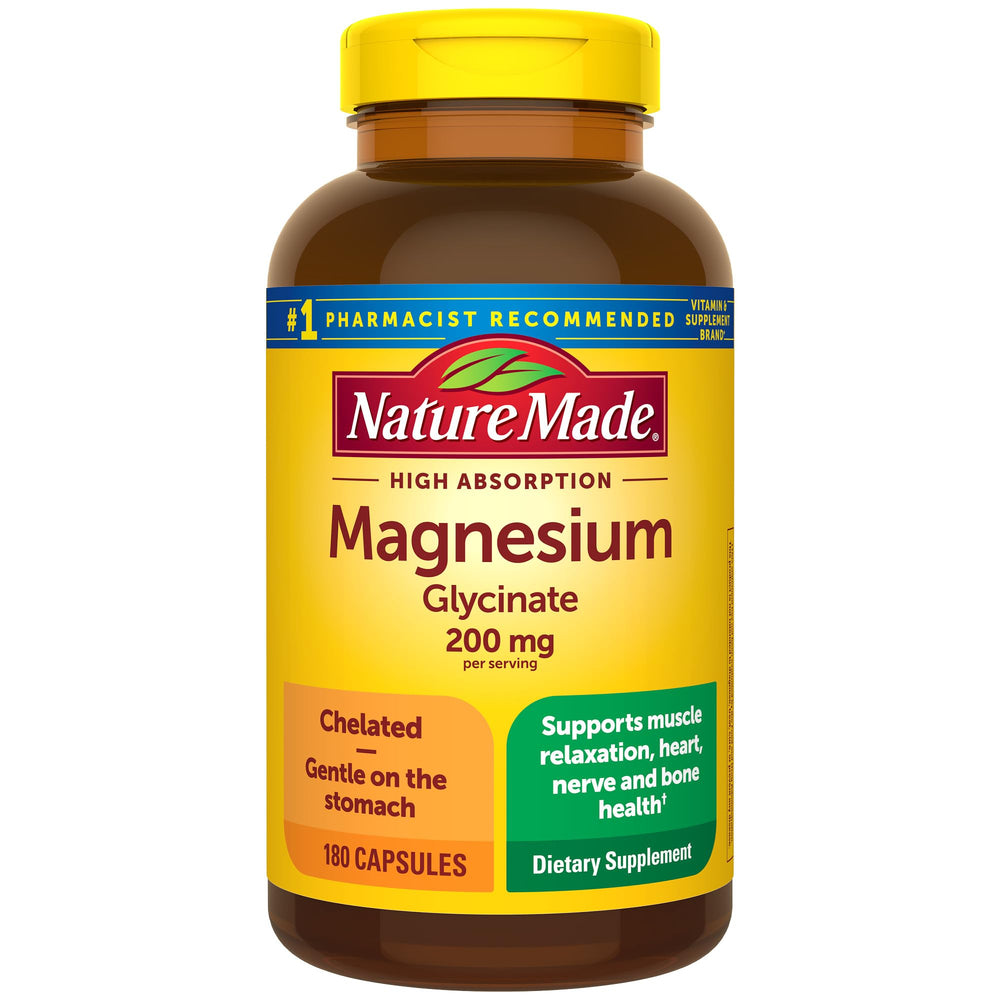 Nature Made Magnesium Glycinate 200 mg bottle with 180 capsules for daily support (muscle and nerve).