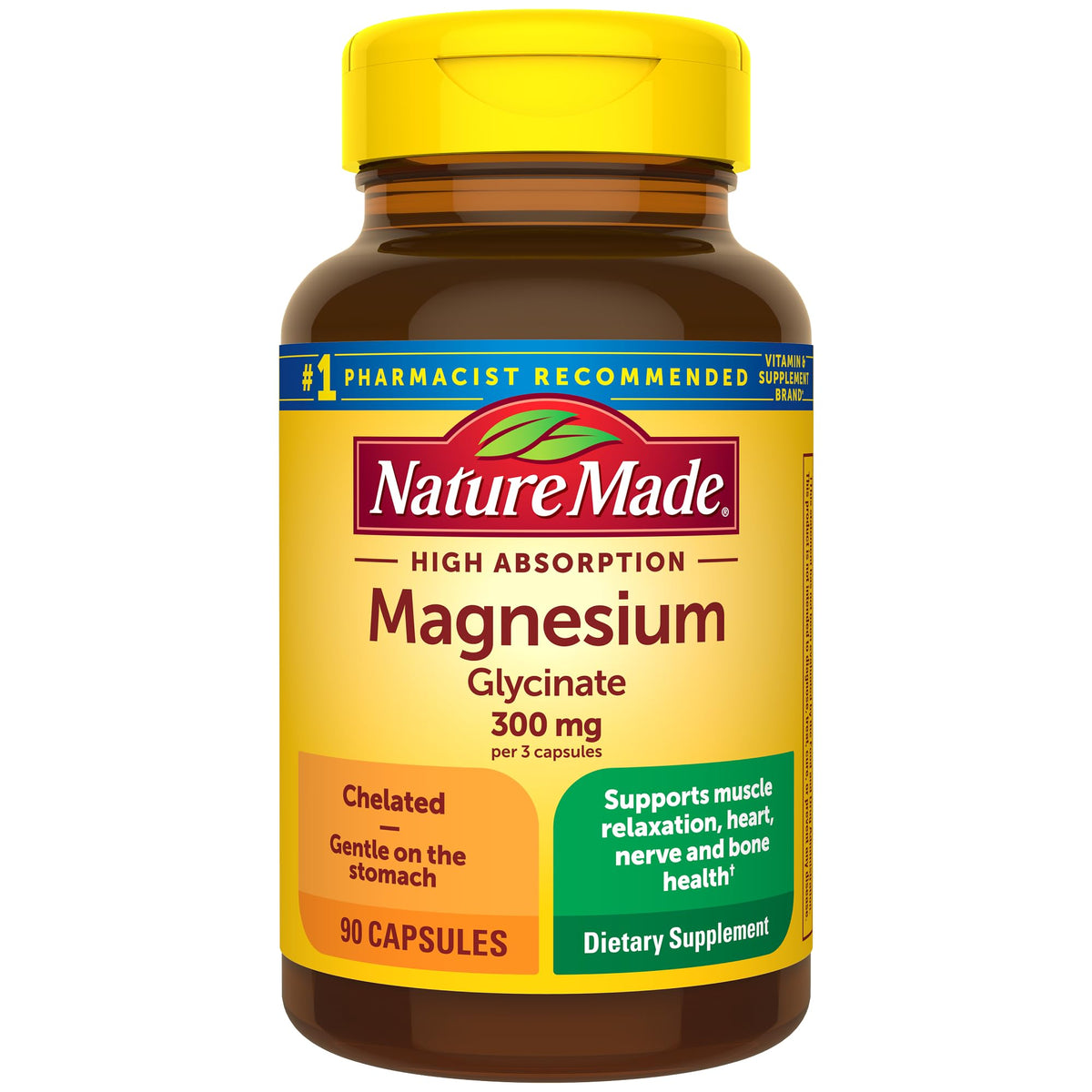 Front view of Nature Made Magnesium Glycinate 300 mg bottle with 90 capsules