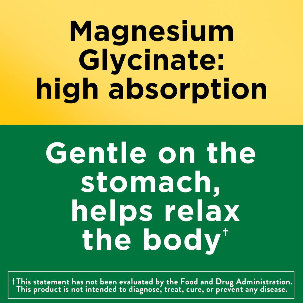 Label detail of Nature Made Magnesium Glycinate highlighting gluten-free and no artificial colors.