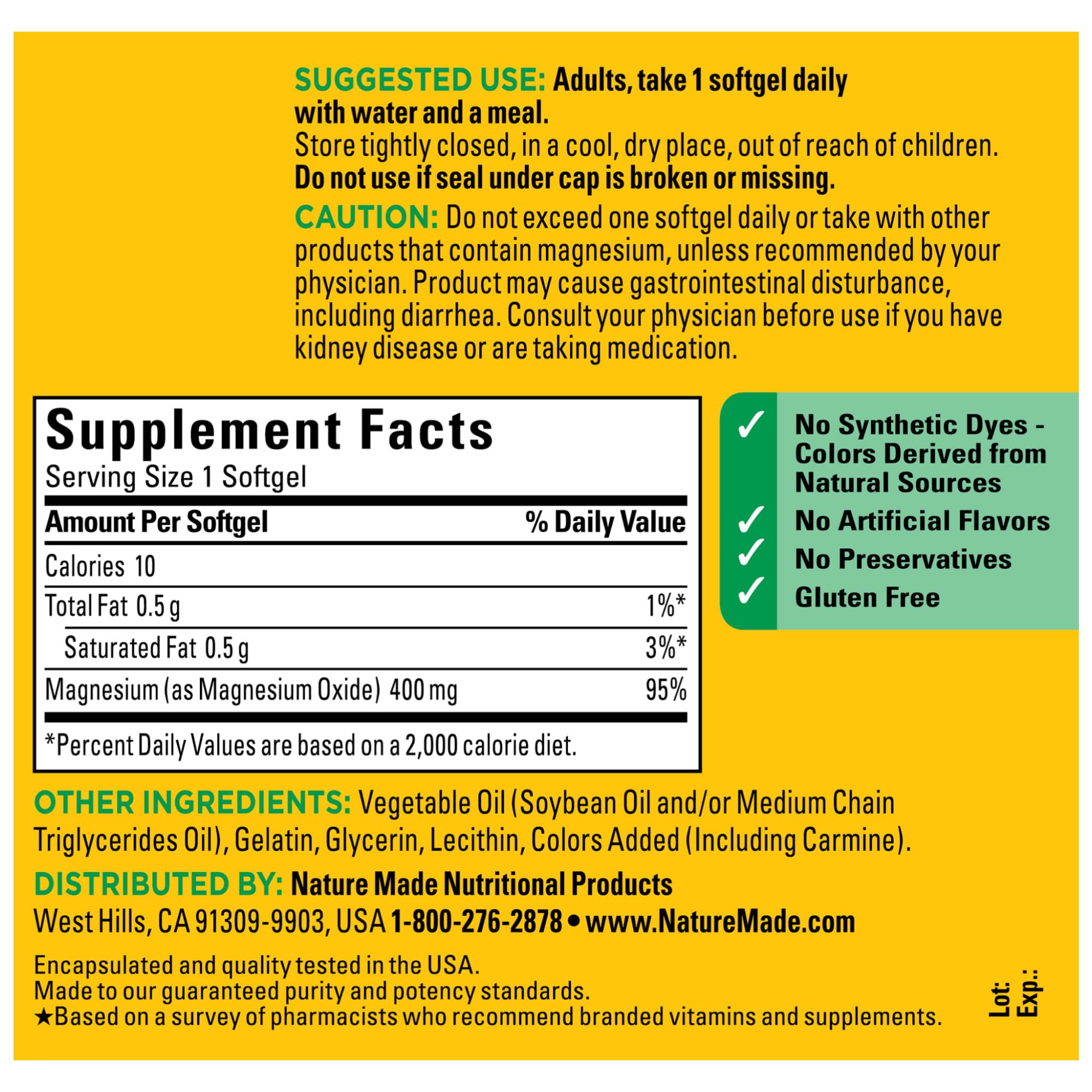 No artificial flavors noted on Nature Made Magnesium Oxide 400 mg Softgels