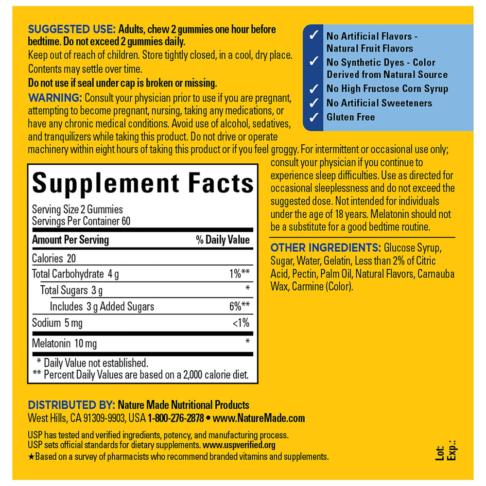 Ingredients panel of Nature Made Melatonin Gummies