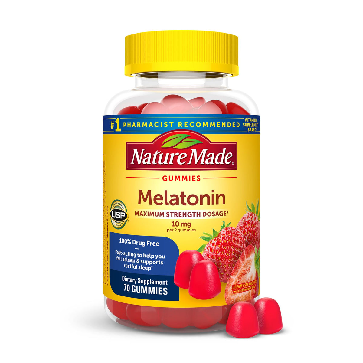 Front view of Nature Made Melatonin Gummies 10 mg bottle - 70 count