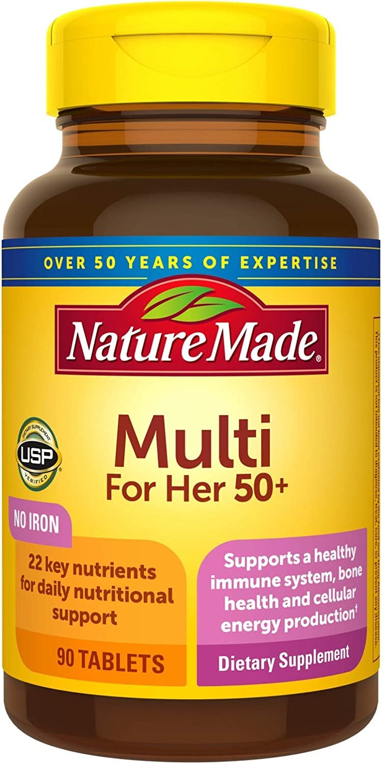 Nature Made Multi for Her 50+ bottle back highlights iron-free formula