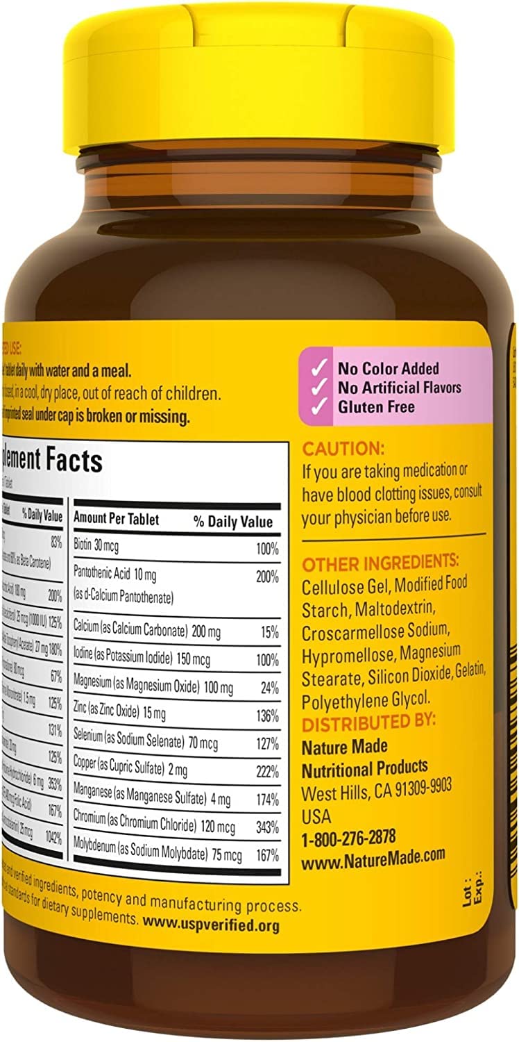Nature Made Multi for Her 50+ nutrients chart shows 22 essential nutrients