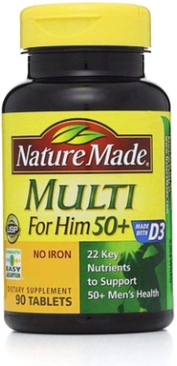 Nature Made Multi for Him 50+ No Iron 90-count bottle and label