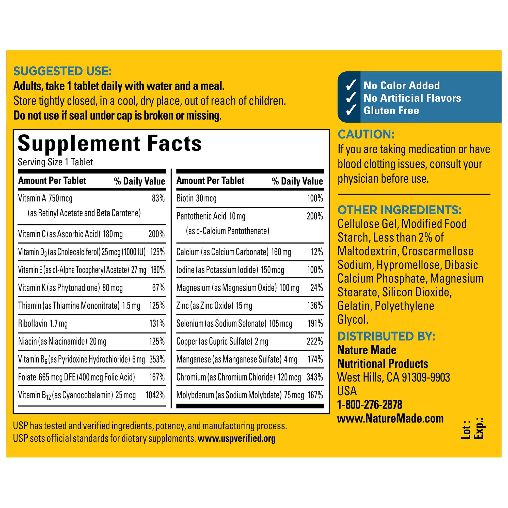 Supplement facts panel for Nature Made Multivitamin For Him 50+