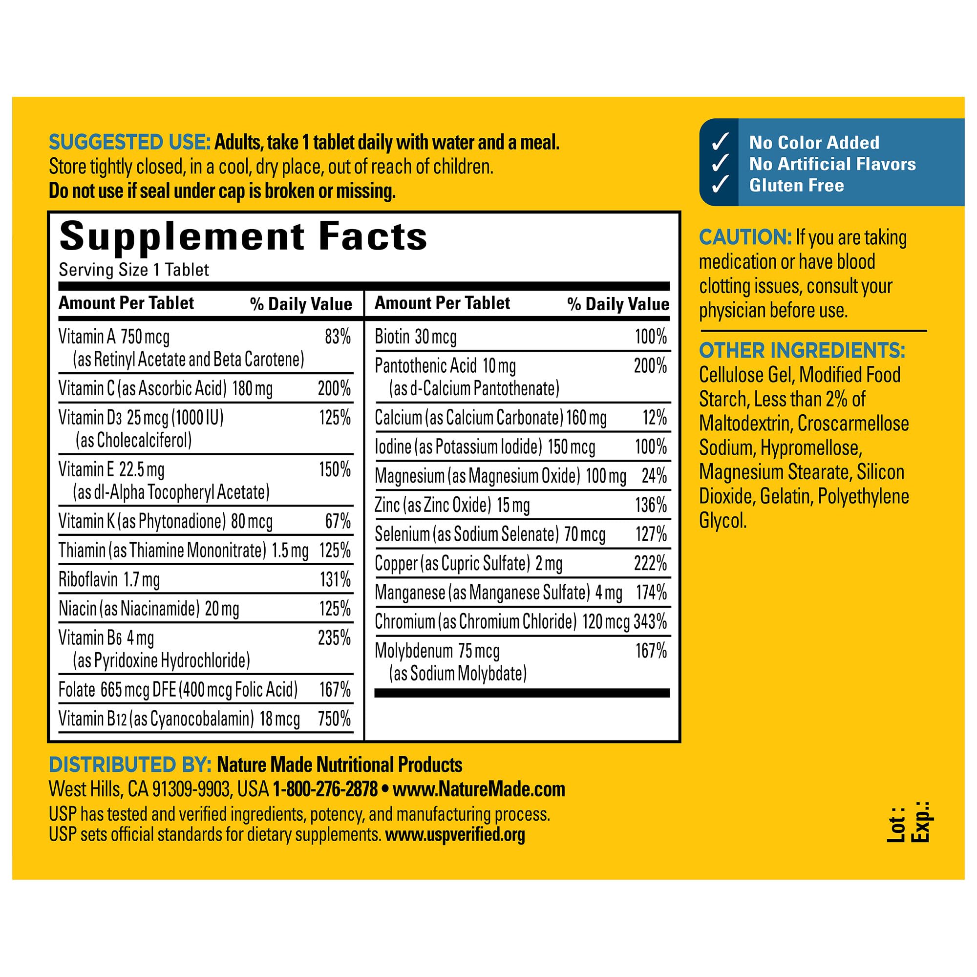 Nature Made Multivitamin for Him gluten free badge on packaging