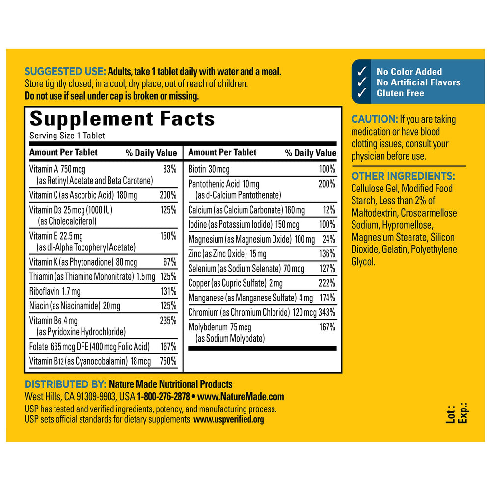 Gluten-free and iron-free label on Nature Made Multivitamin For Him