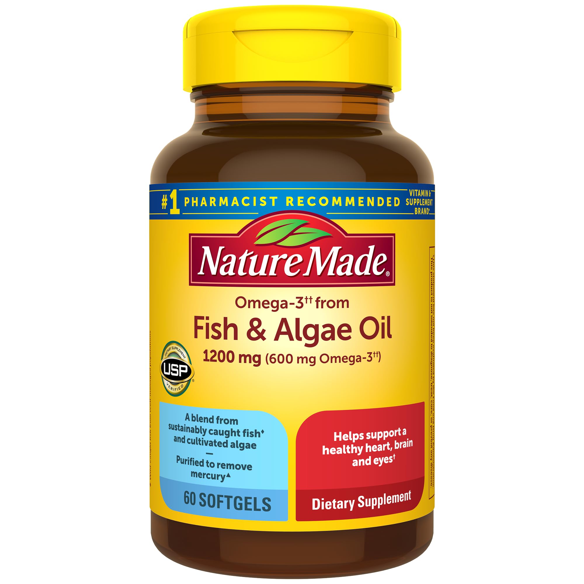 Nature Made Omega-3 1200 mg fish oil and algae oil softgels 60-count hero image