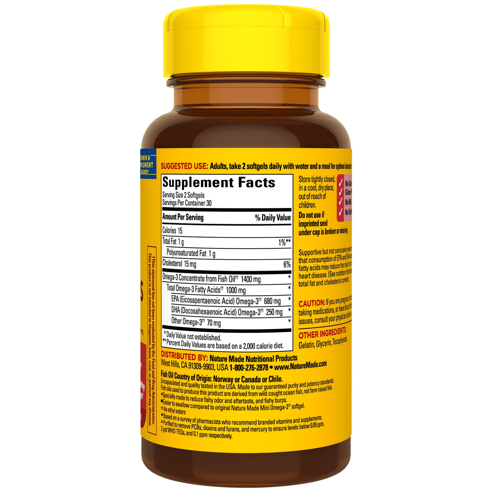 Closeup of Nature Made Omega-3 bottle