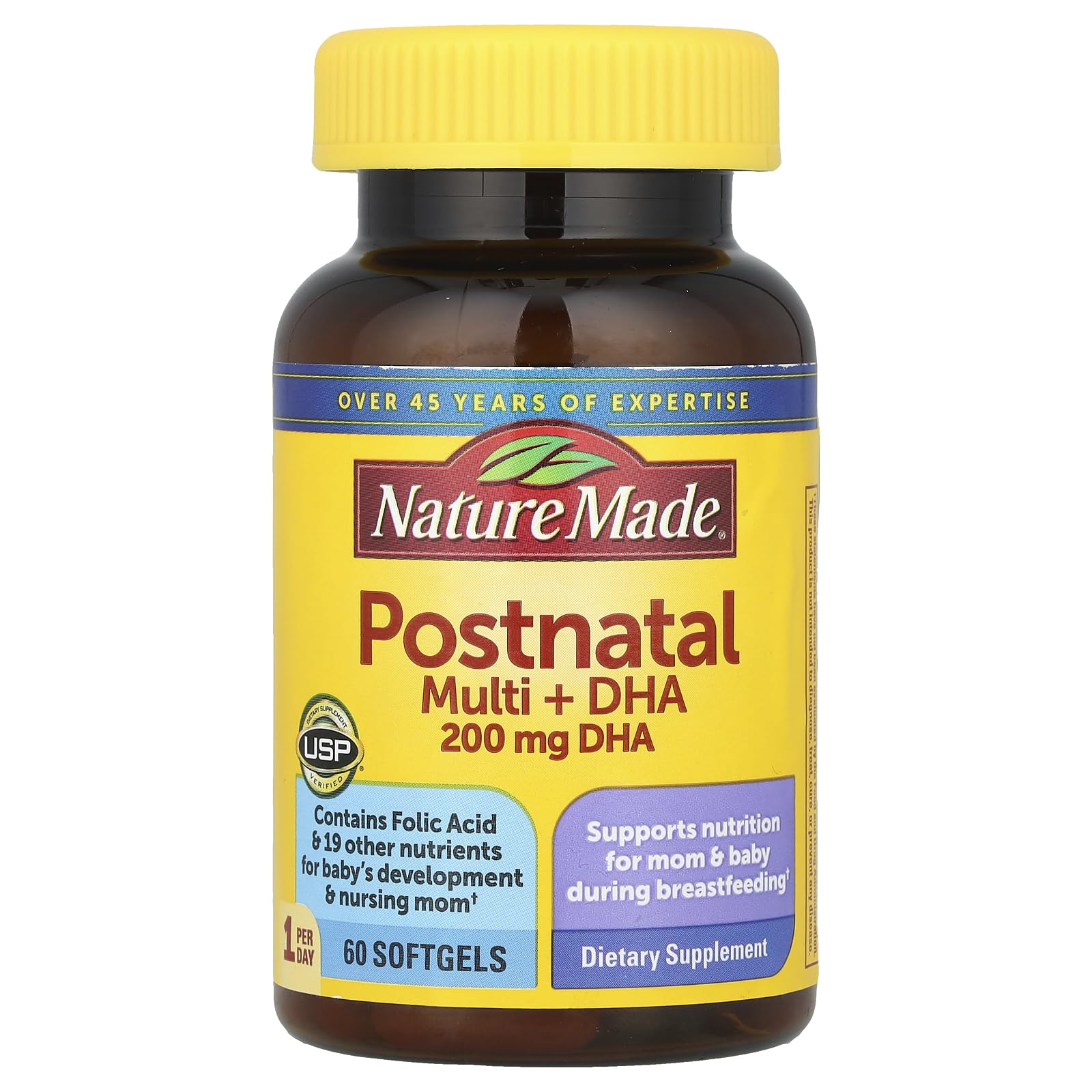 Bottle of Nature Made Postnatal Multivitamin + DHA 60 softgels