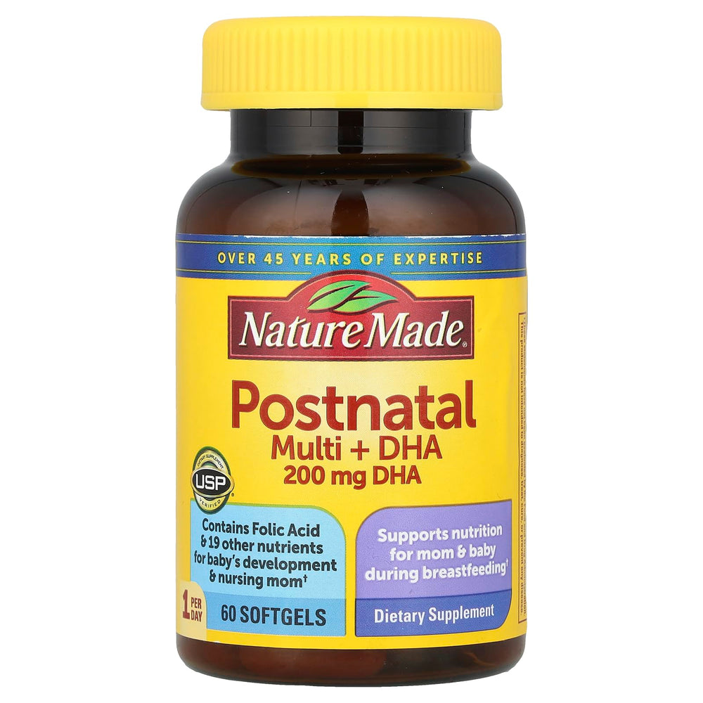 Bottle of Nature Made Postnatal Multivitamin + DHA 60 softgels