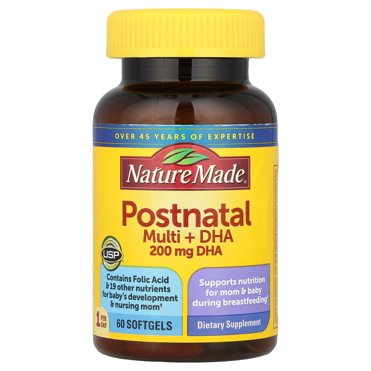 Bottle of Nature Made Postnatal Multivitamin + DHA 60 softgels