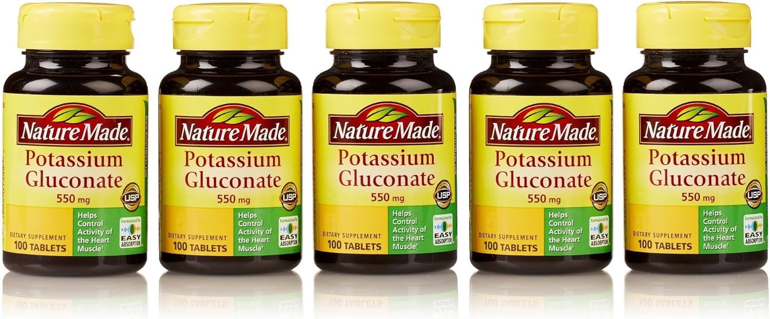 Close-up of Nature Made Potassium Gluconate 550mg bottle with tablets