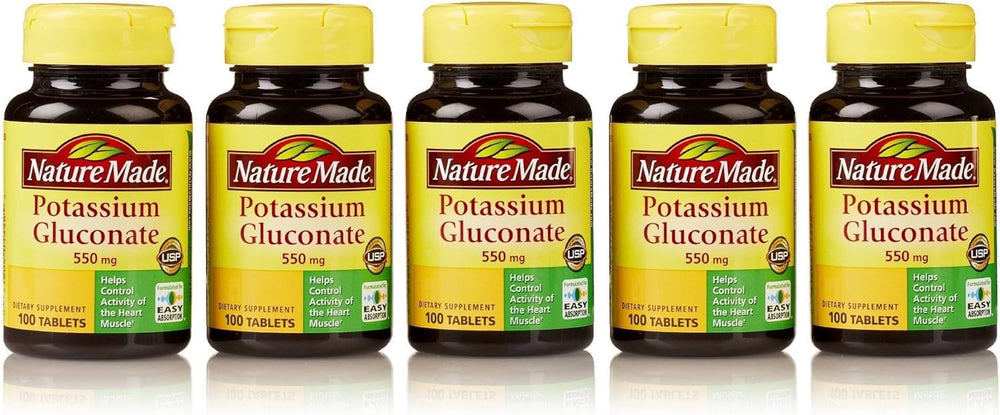 Close-up of Nature Made Potassium Gluconate 550mg bottle with tablets