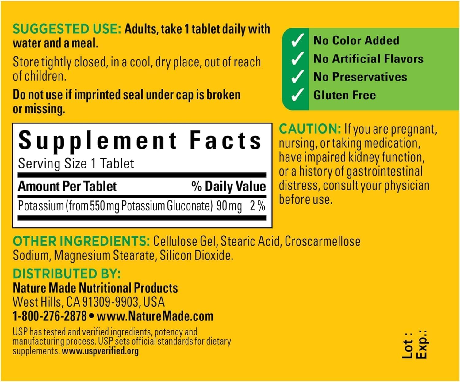 Nature Made Potassium Gluconate 550mg bottle showing 100 tablets