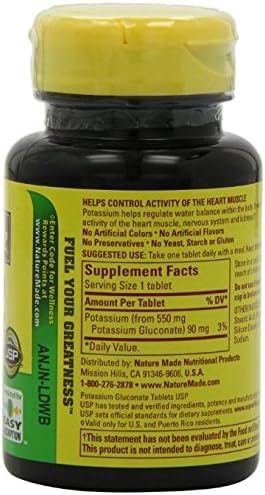 Side view of Nature Made potassium gluconate 550mg bottle label