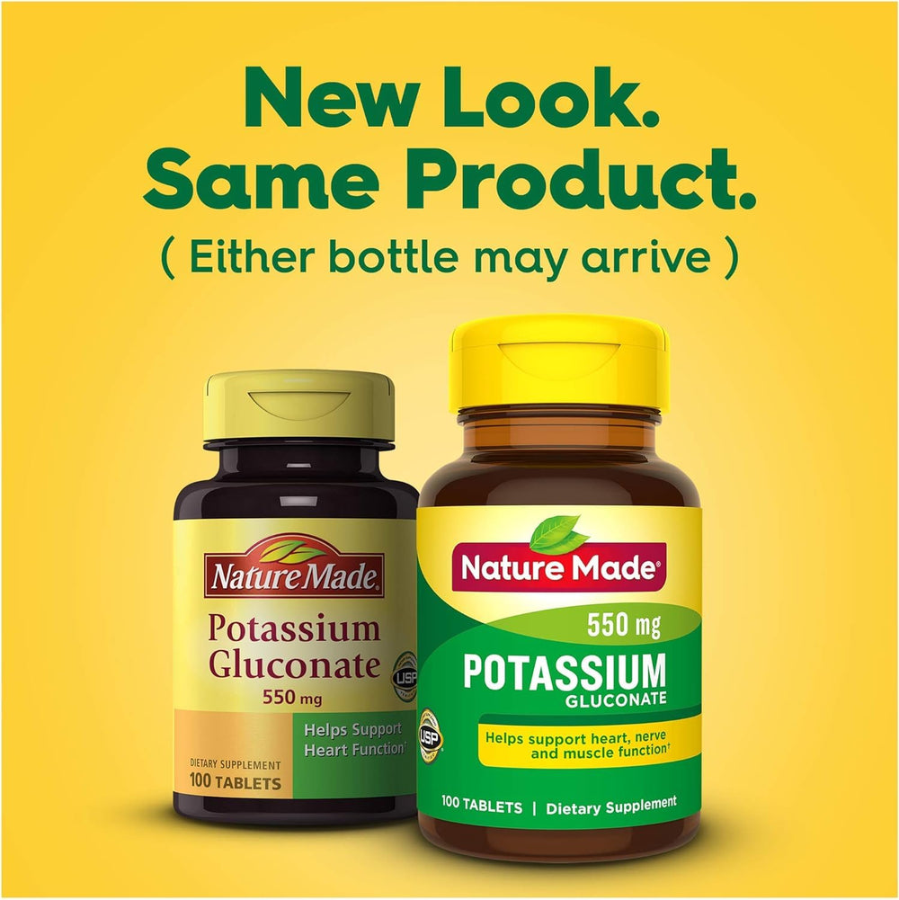 Multiple Nature Made potassium gluconate bottles arranged together