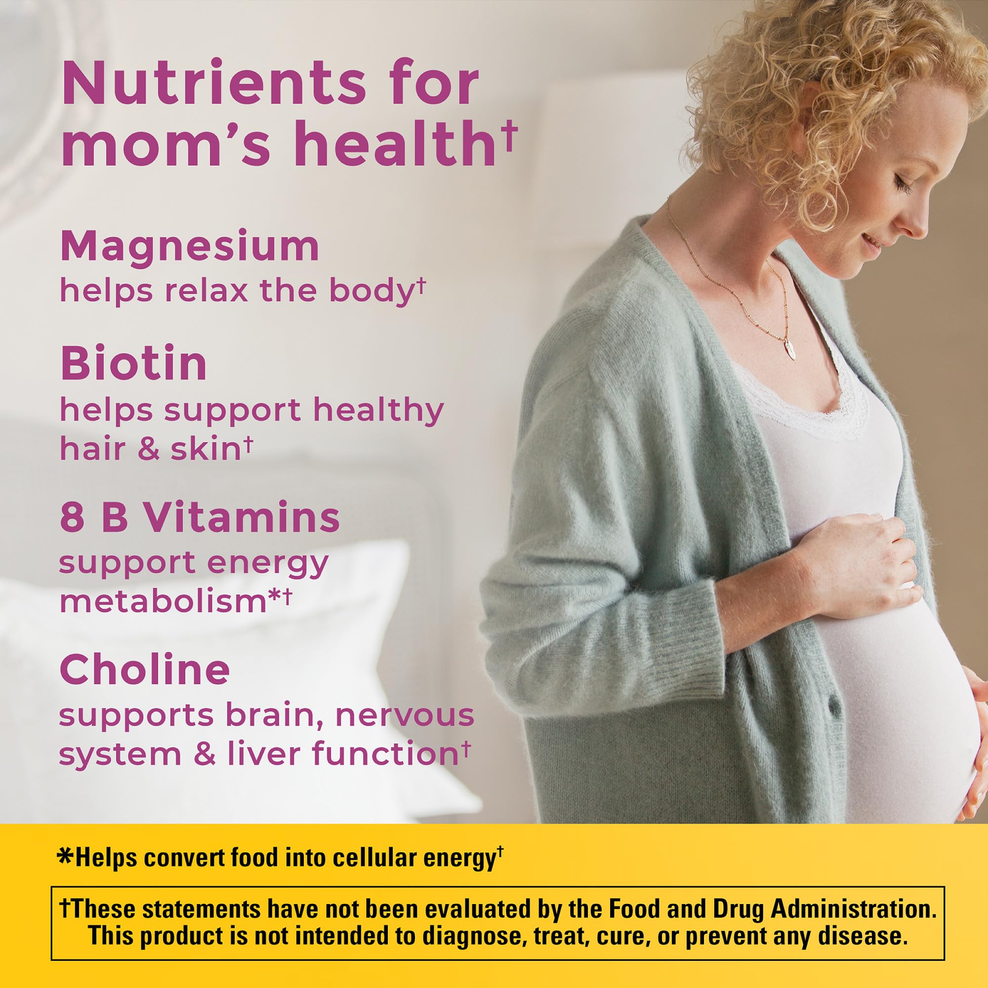 Nature Made Prenatal DHA softgels highlighting DHA for baby's brain and eye development.