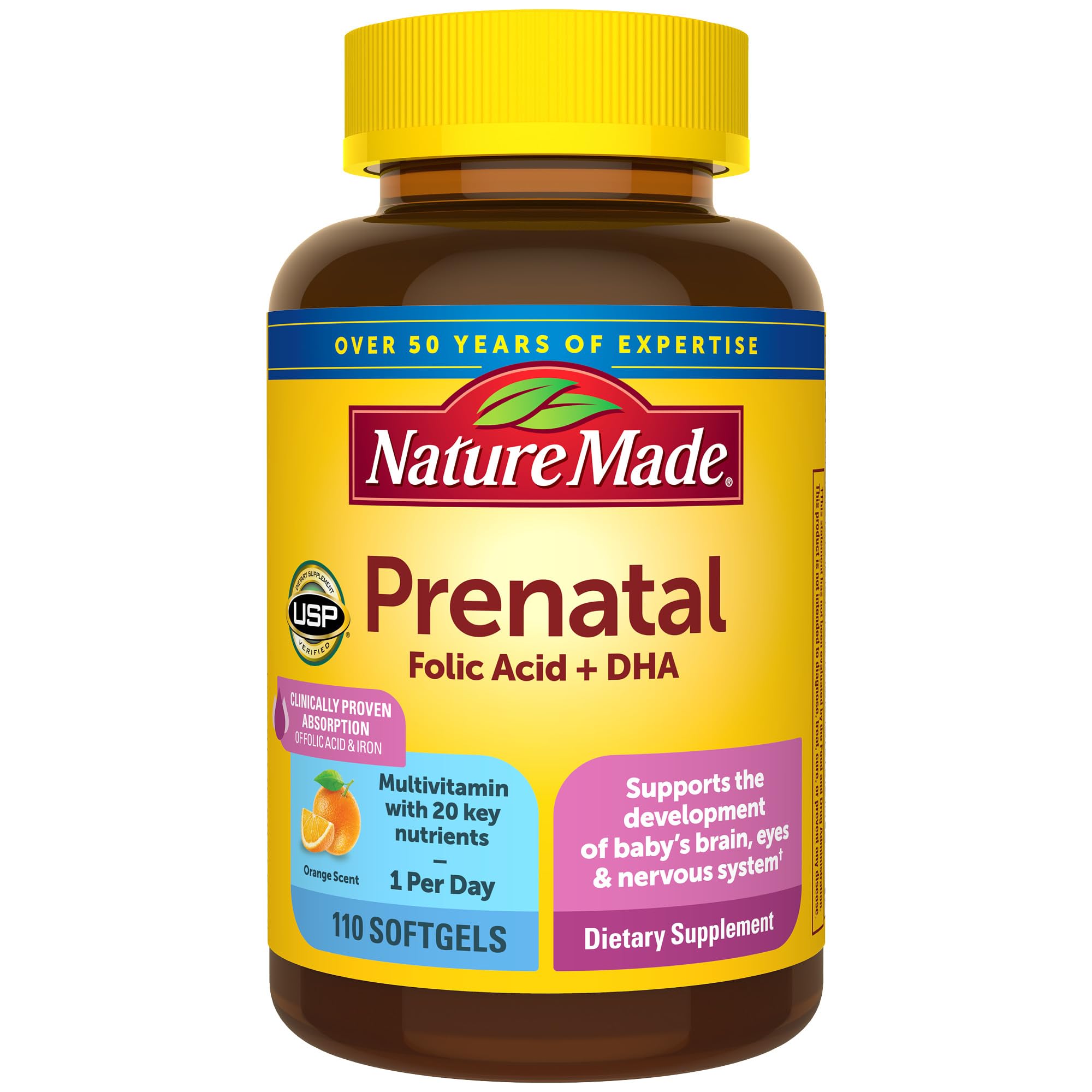 Nature Made Prenatal bottle with softgels supports daily prenatal nutrition.