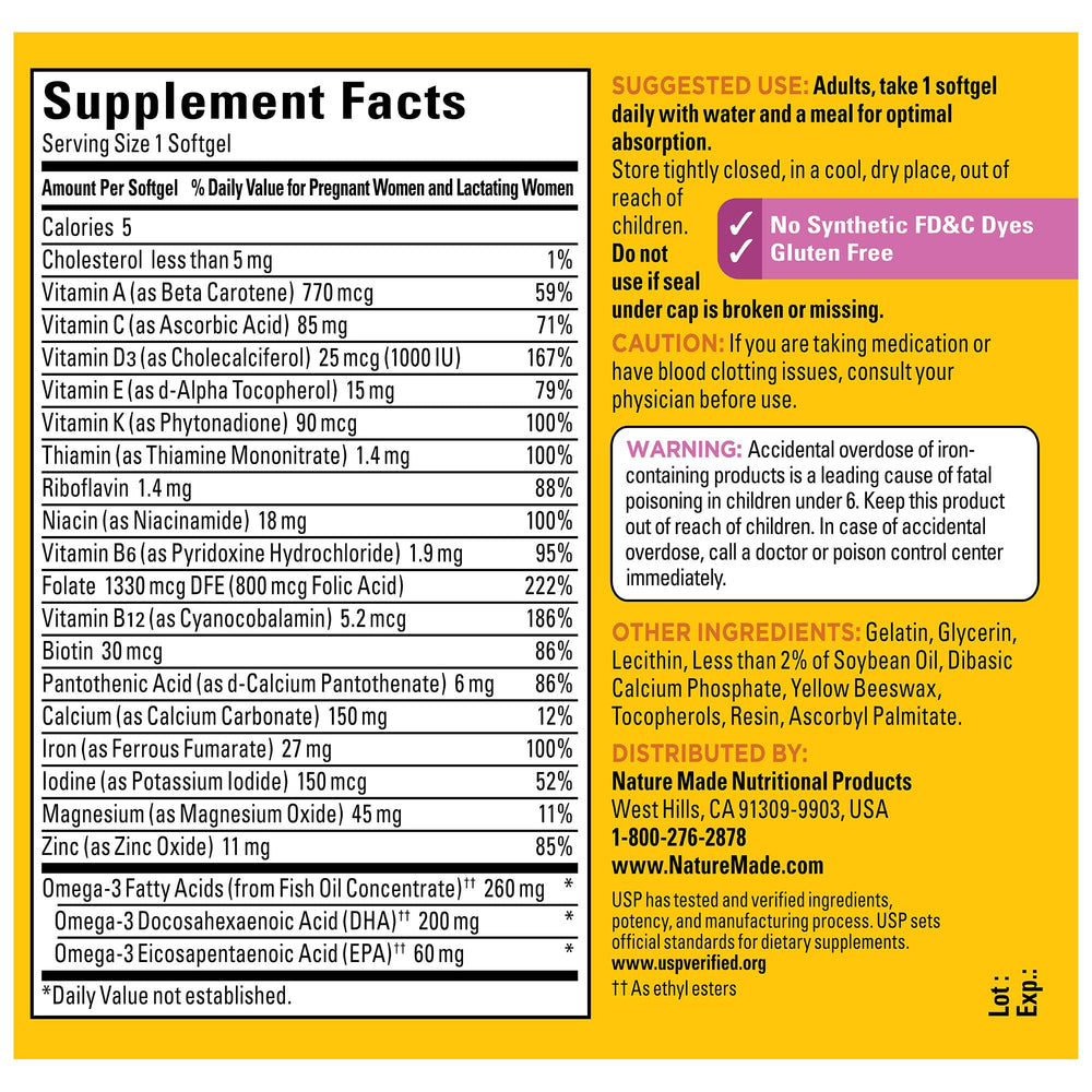 Nature Made Prenatal bottle shows 200 mg DHA for fetal development support.