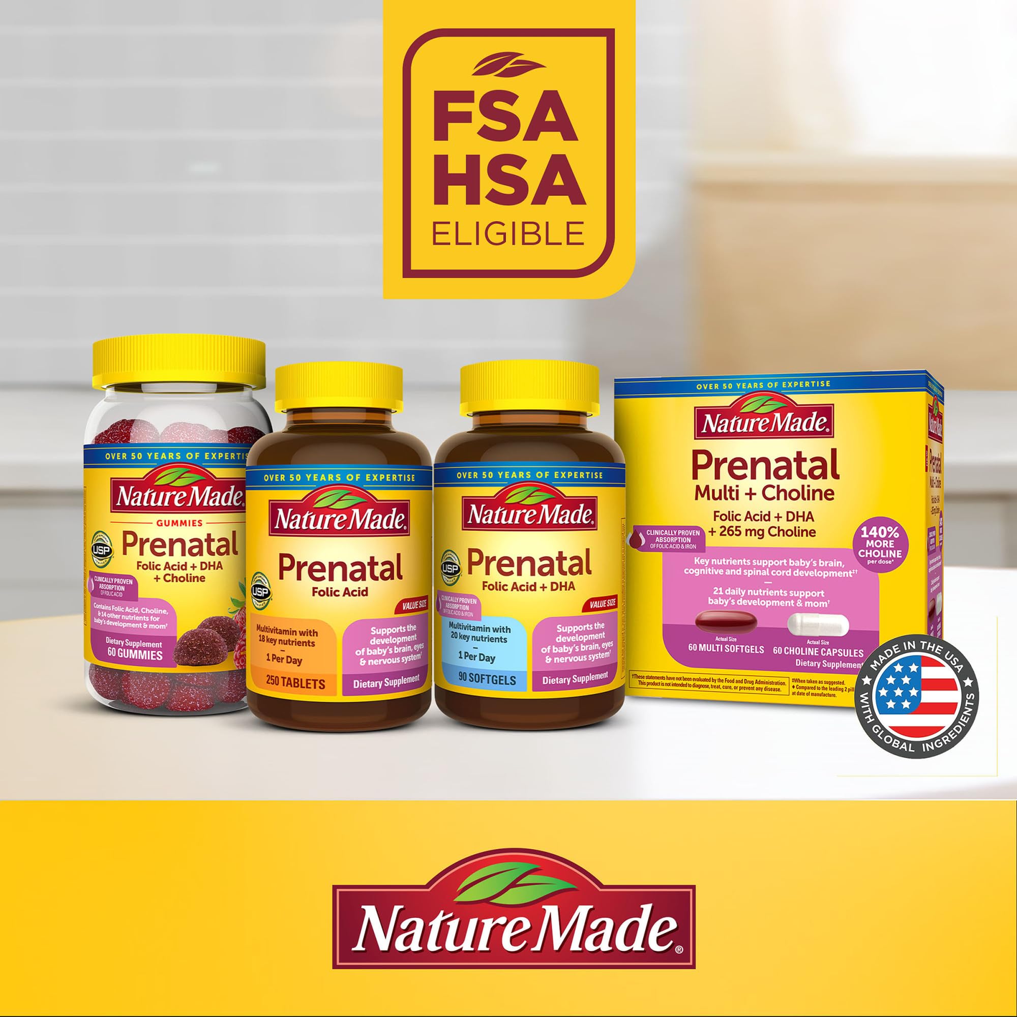 Label highlights vitamins A, C, D3 and E on Nature Made Prenatal Multivitamin