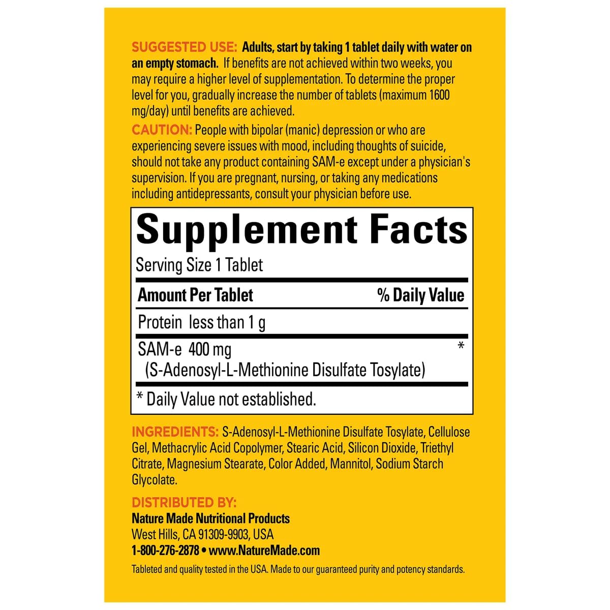 Nature Made SAM-e Complete 400 mg supplement label and ingredients