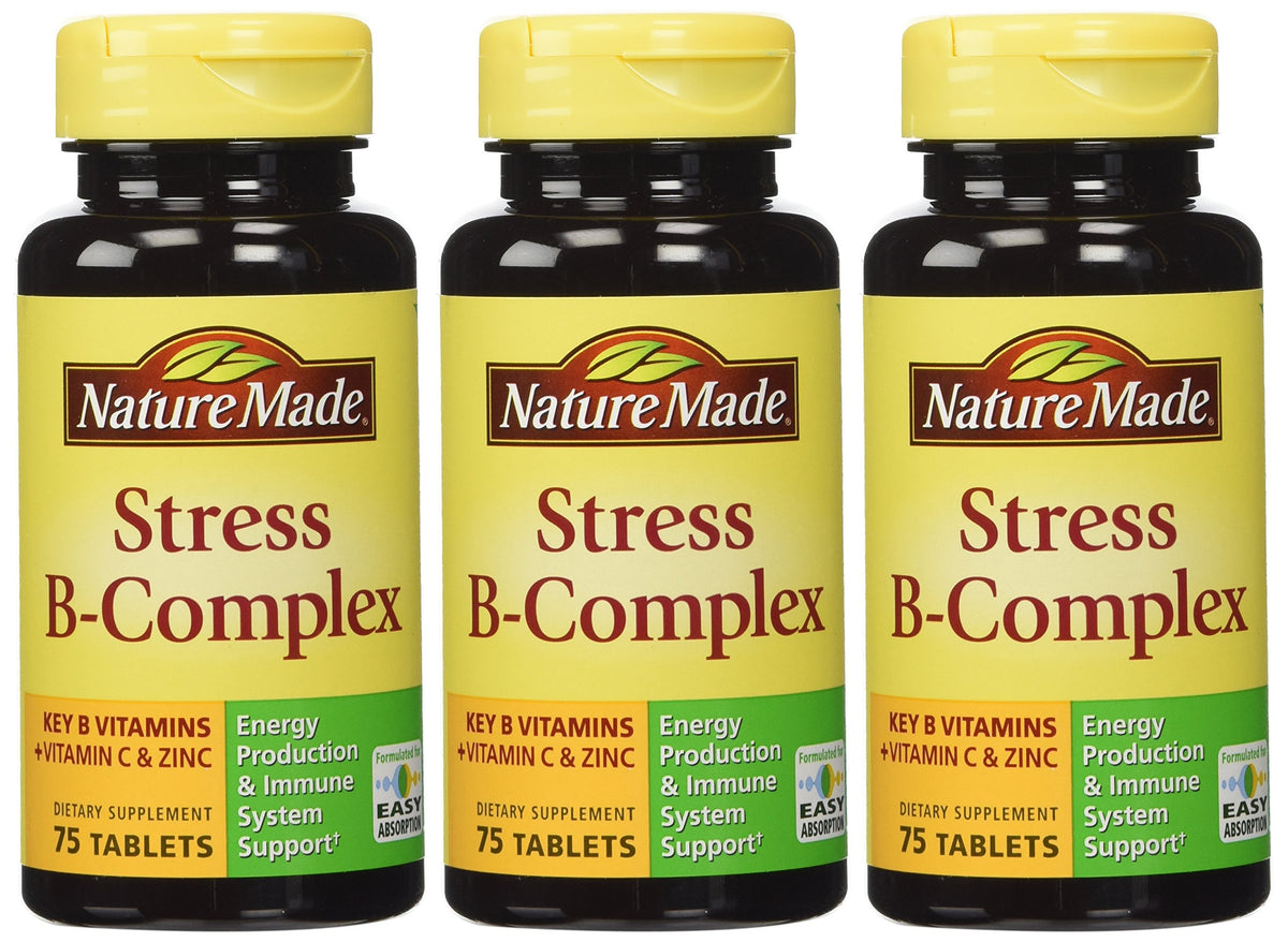 Nature Made Stress B Complex W Zinc bottle and label showing 225 total tablets (pack of 3)