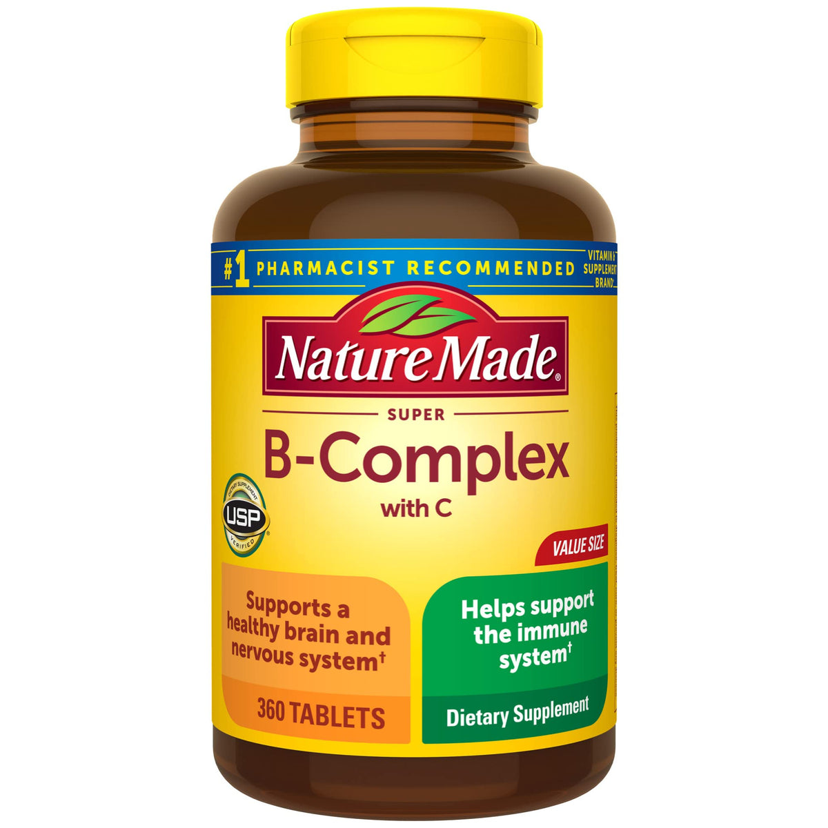 Bottle of Nature Made Super B Complex with Vitamin C and Folic Acid showing 360 tablets