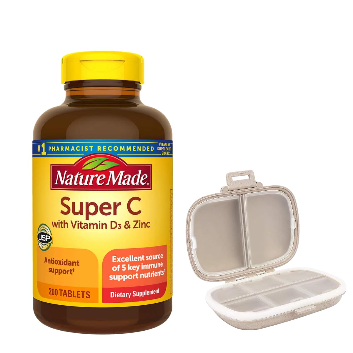 Nature Made Super C with Vitamin D3 and Zinc 200-tablet bottle bundled with a pill organizer