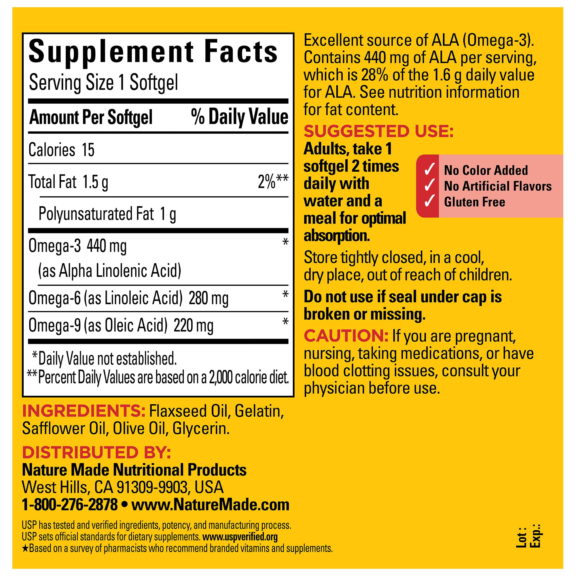 Nutrition facts panel for Nature Made Triple Omega 3-6-9 Softgels